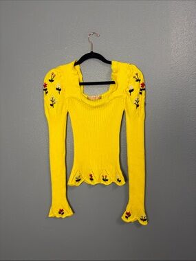 SOLD CORMIO Oma sweater Bright Yellow Ribbed Sweater with Floral Embroidery